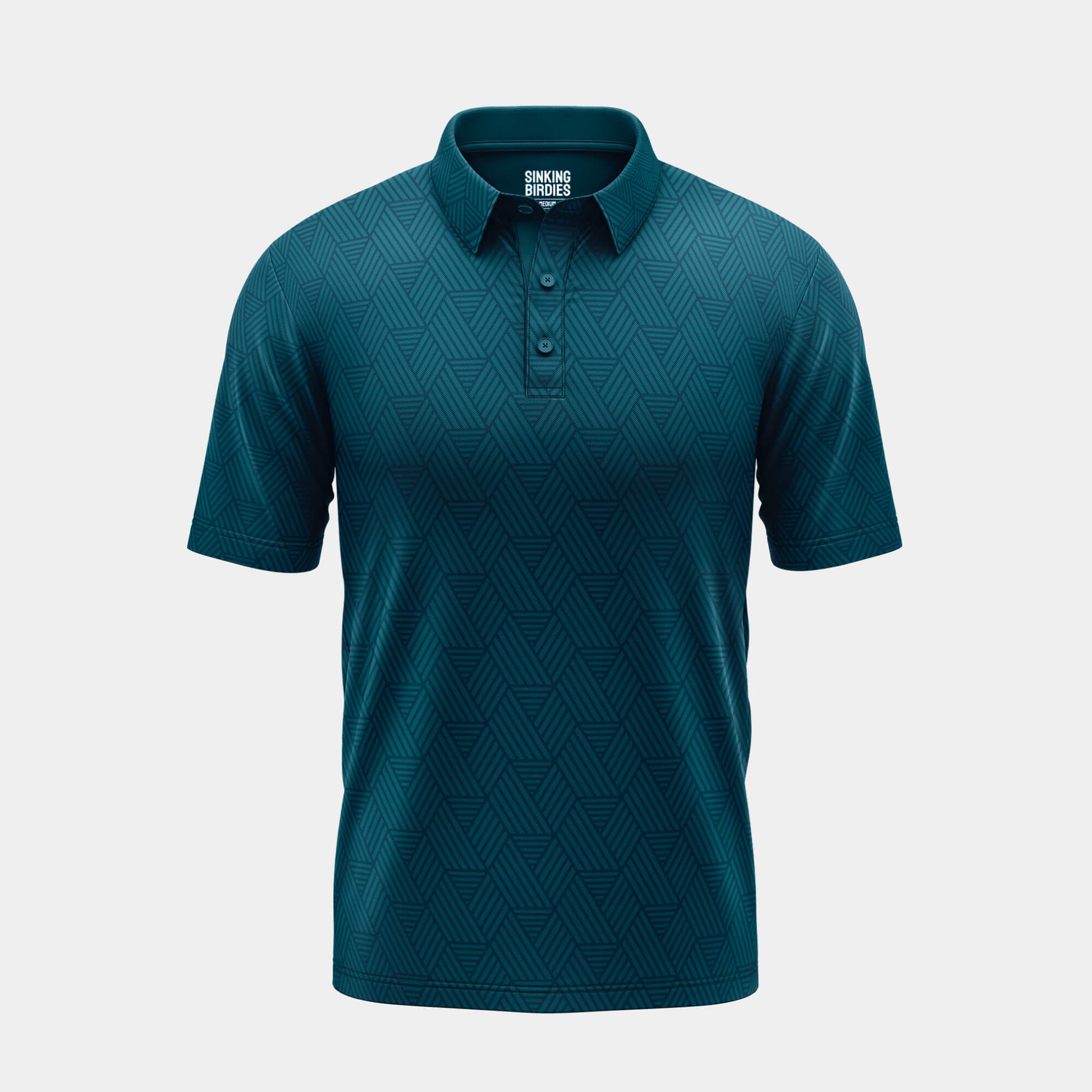 Teal patterned polo shirt on a light gray background