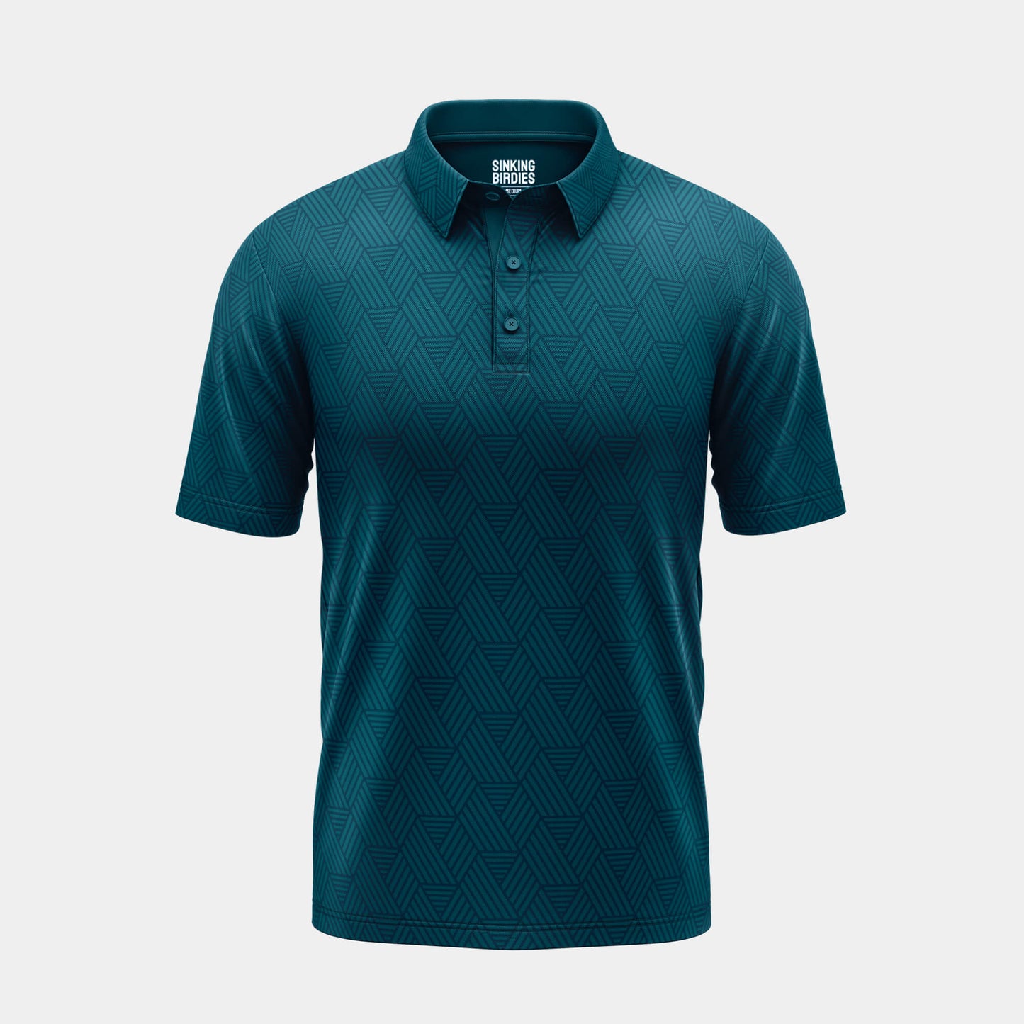 Teal patterned polo shirt on a light gray background