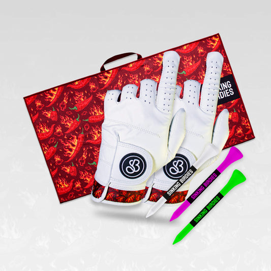 A group of flaming chilli pepper patterned golf accessories and gifts