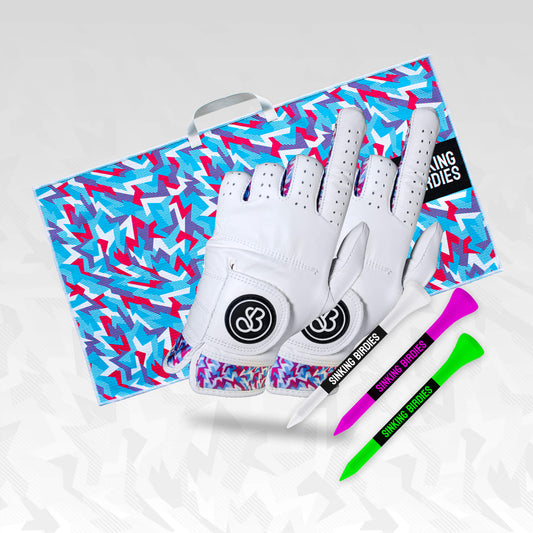 A group of geometric patterned golf accessories and gifts