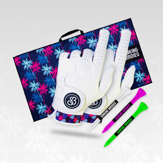 A group of Palm tree patterned golf accessories and gifts