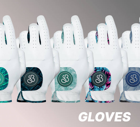 Close up of 5 golf gloves and there pattern