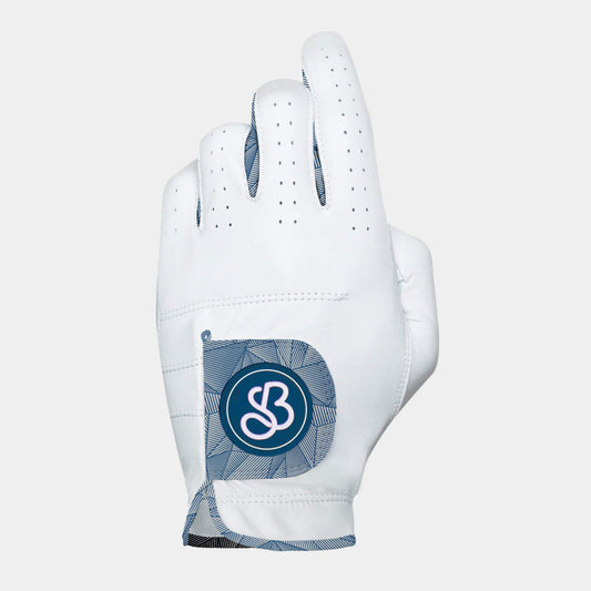 Close-up of a golf glove with a blue prism pattern on the velcro tab 