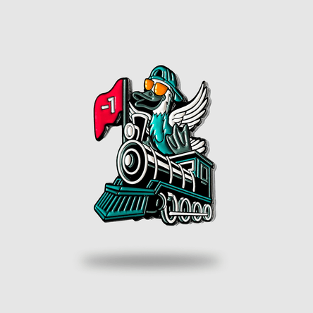 Colorful train-shaped badge with a character wearing sunglasses and a hat on a light gray background