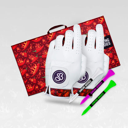 A group of flaming chilli pepper patterned golf accessories and gifts