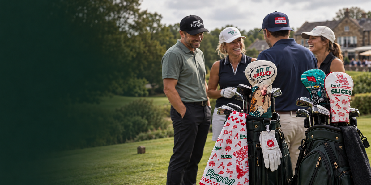 Golfers chatting by the first tee with Sinking Birdies headcovers, a towel and glove on their golf bags